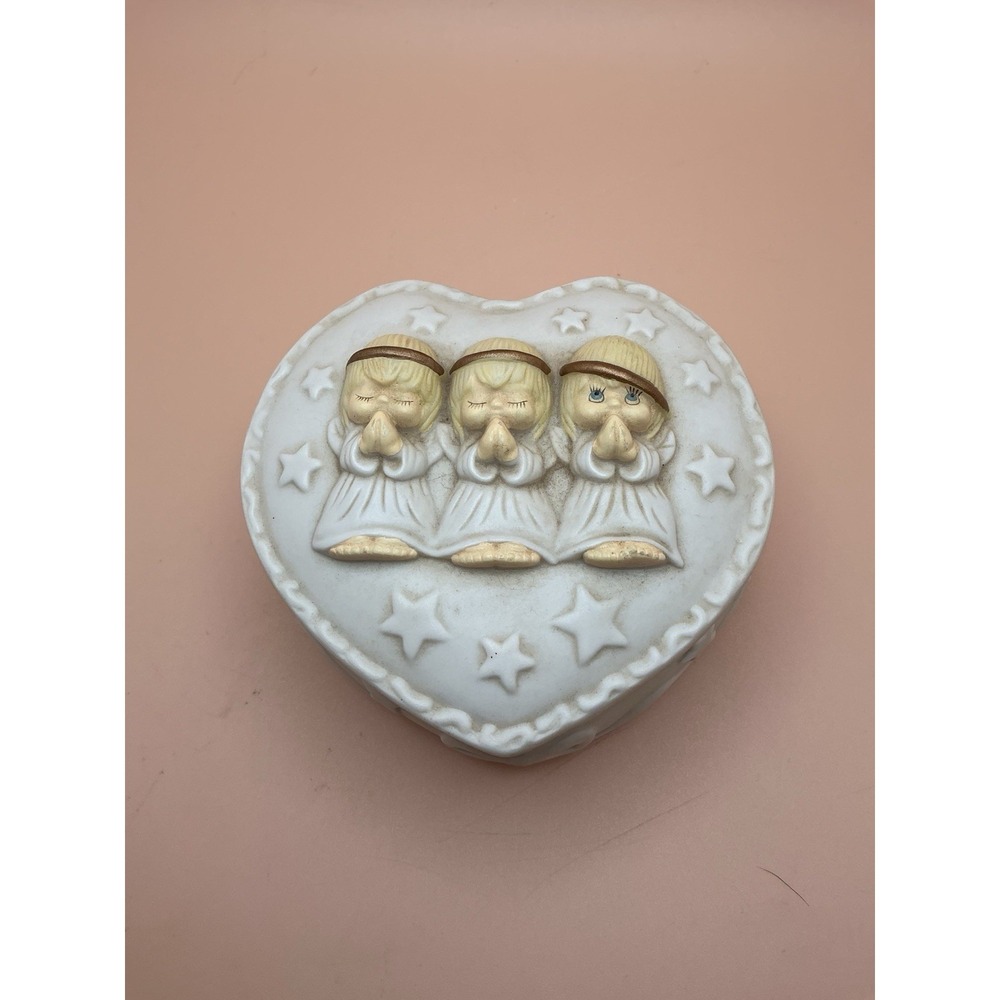 Three Little Praying Angels, Heart Shaped Vintage Ceramic Trinket Jewelry Box